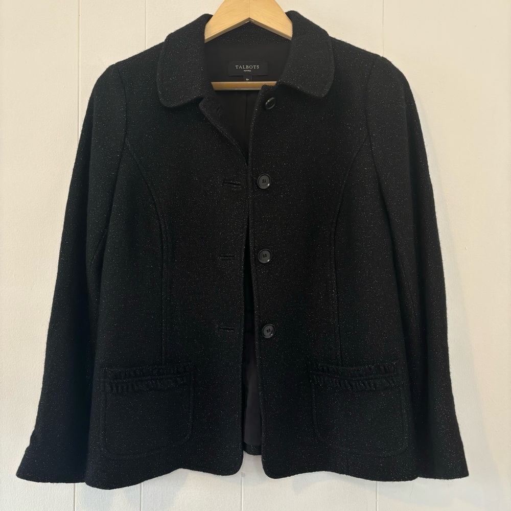 Talbots Women's Blazer Black/Metallic Jacket-Wool Blend-8 Petite-Ruffle-Warm